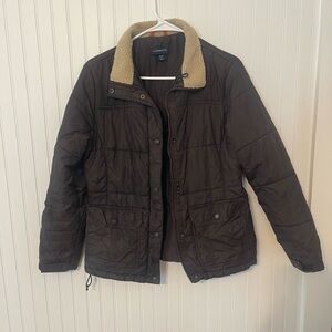 Lands' End Brown Quilted Jacket with Cream Collar